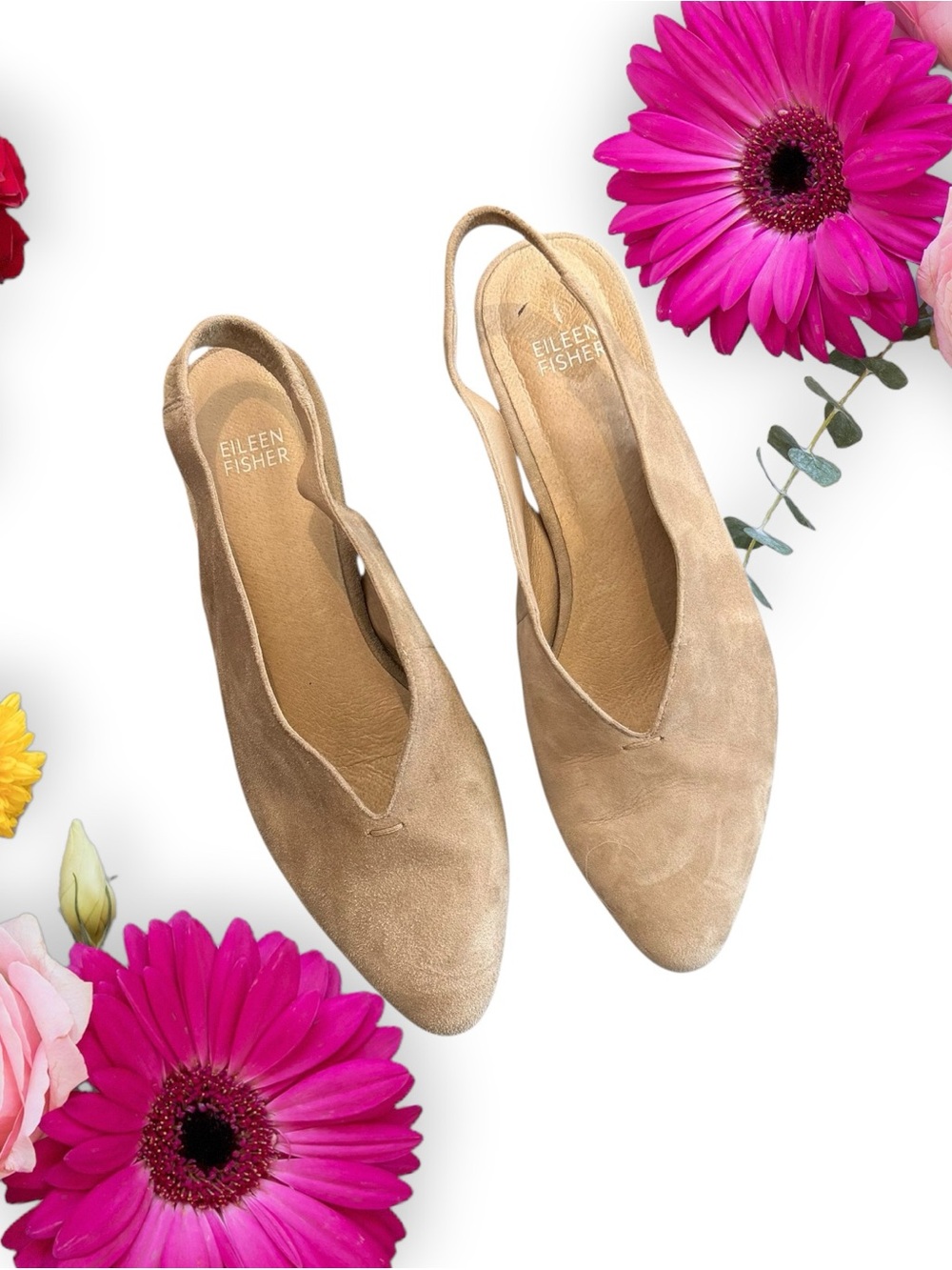 Eileen Fisher Gatwick Beige Leather Suede Slingback Almond Toe Mules